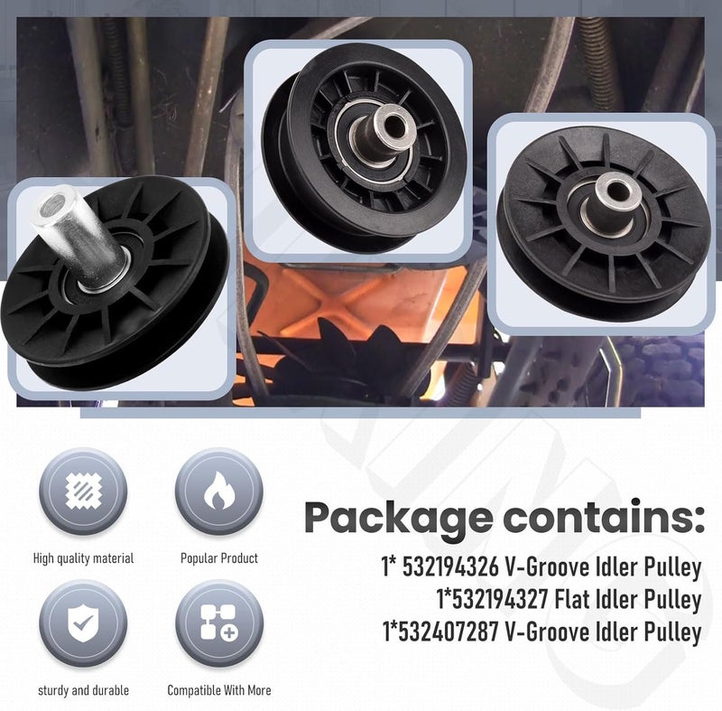 ZHIXING 532407287 532194326 V-Groove Idler Pulley and 532194327 Flat Idler Pulley Set Compatible with Husqvarna Craftsman Sna-pper Poulan Jonsered Mower LTH1538 LGT2554 917287220 194326 194327 407287 - Image 2